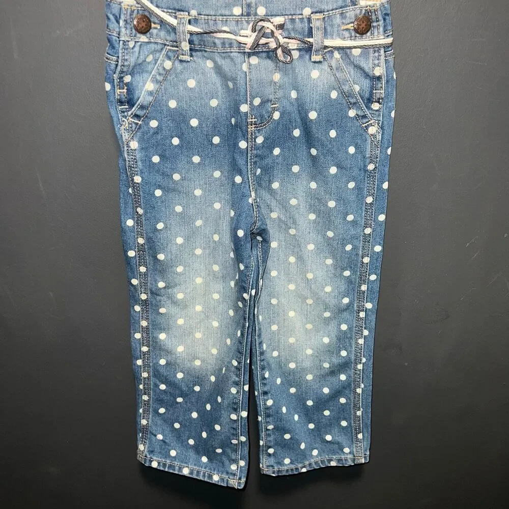 Oshkosh B'gosh Girls 3T Denim Polka Dot Overalls Blue White Belt Dungarees